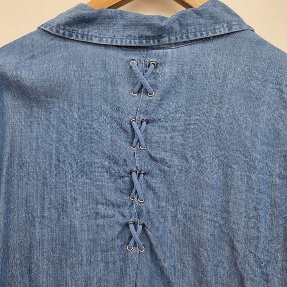 Style & Co Blue Chambray Embroidered Button-Up Shirt Lace-Up Back 1X Boho - Picture 6 of 14